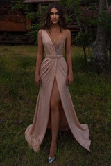 Beautiful Long A-line V-neck Beadings Prom Dress With Split-showprettydress