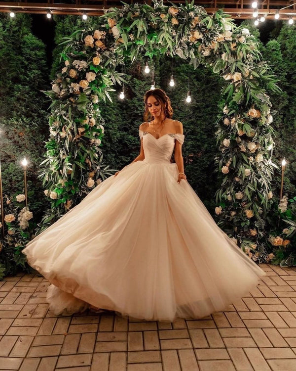 Beautiful Long Princess Tulle Off-the-shoulder A-line Wedding Dress with Chapel Train-showprettydress