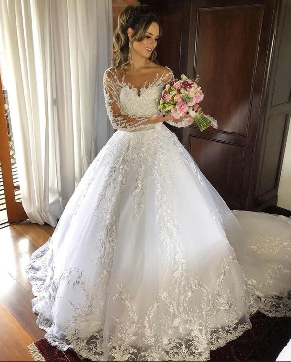 Beautiful Long Princess Tulle Wedding Dress with Sleeves-showprettydress