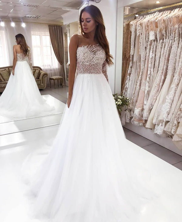 Beautiful Long Sleeve A-Line Bateau Pearl Lace Wedding Dress-showprettydress