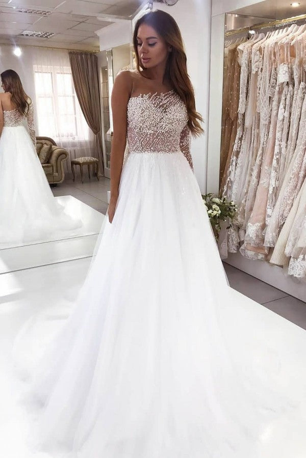 Beautiful Long Sleeve A-Line Bateau Pearl Lace Wedding Dress-showprettydress