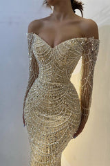 Beautiful Off-the-Shoulder Long Sleeves Prom Dress Mermaid Pearls With Beads-showprettydress