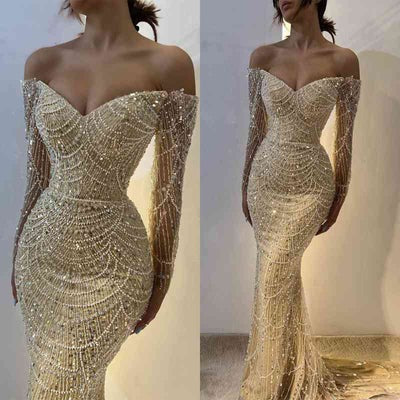 Beautiful Off-the-Shoulder Long Sleeves Prom Dress Mermaid Pearls With Beads-showprettydress