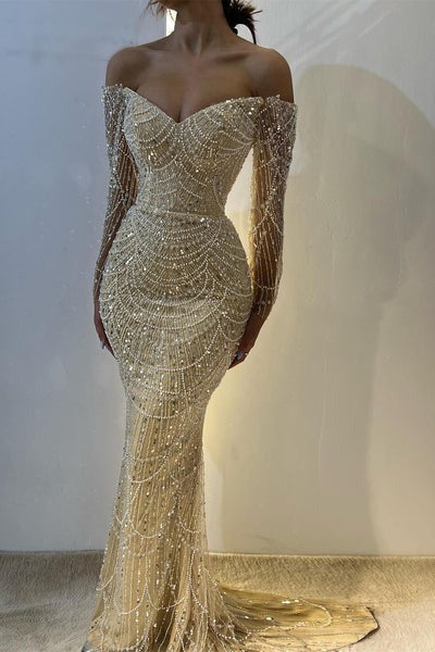Beautiful Off-the-Shoulder Long Sleeves Prom Dress Mermaid Pearls With Beads-showprettydress