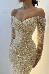 Beautiful Off-the-Shoulder Long Sleeves Prom Dress Mermaid Pearls With Beads-showprettydress
