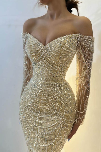 Beautiful Off-the-Shoulder Long Sleeves Prom Dress Mermaid Pearls With Beads-showprettydress
