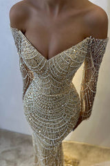 Beautiful Off-the-Shoulder Long Sleeves Prom Dress Mermaid Pearls With Beads-showprettydress