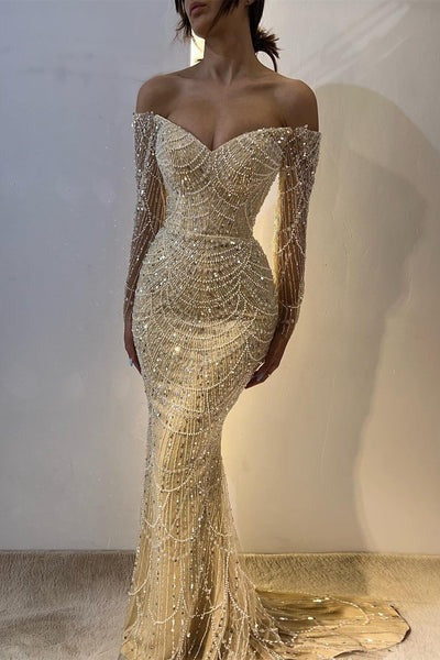 Beautiful Off-the-Shoulder Long Sleeves Prom Dress Mermaid Pearls With Beads-showprettydress