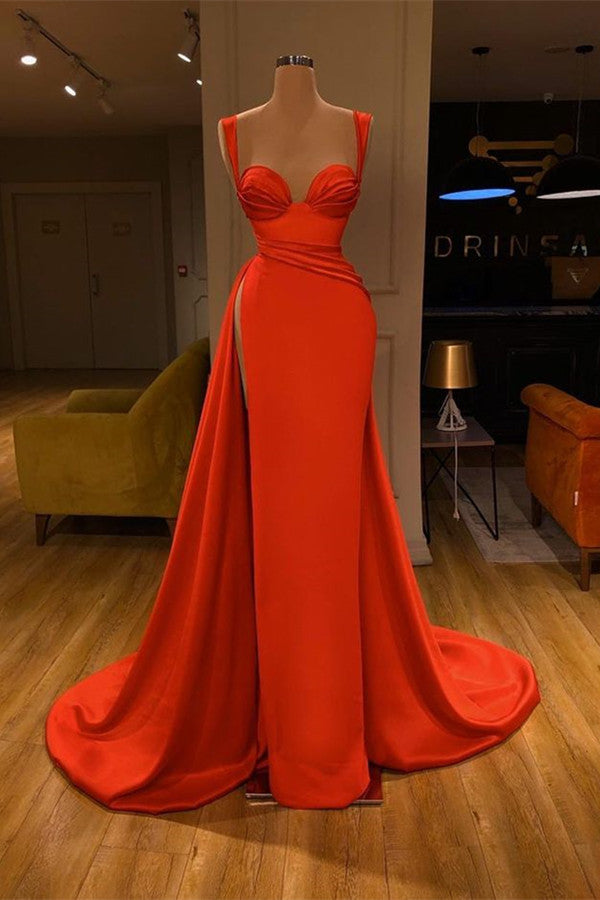 Beautiful Red Long Mermaid Straps Sweetheart Satin Prom Dress With Split-showprettydress