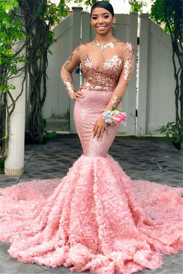Beautiful Round Neck Sequins Mermaid Long Sleevess Tulle Prom Dresses-showprettydress