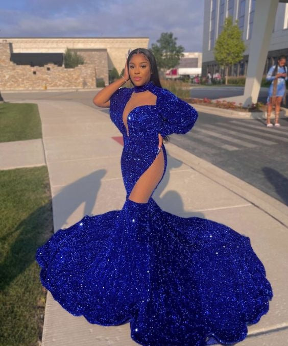Beautiful Royal Blue Long Mermaid High-neck Sequined Formal Prom Dress with Sleeves-showprettydress