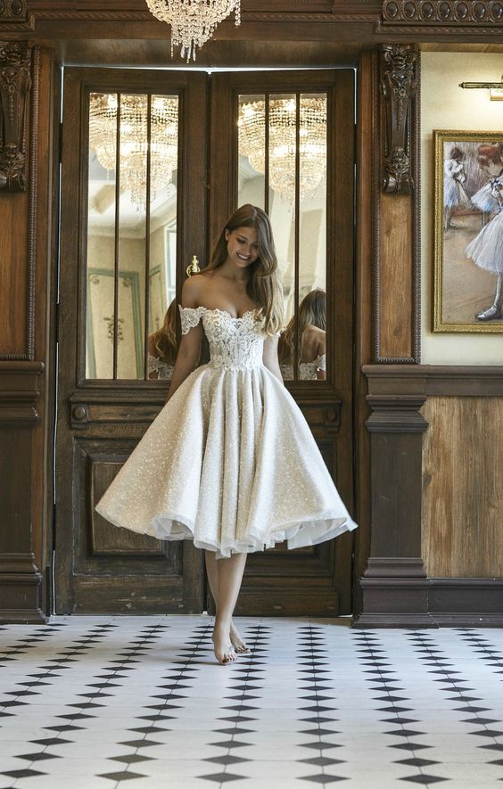 Beautiful Short A-line Glitter Off-the-Shoulder Lace Appliques Wedding Dress-showprettydress