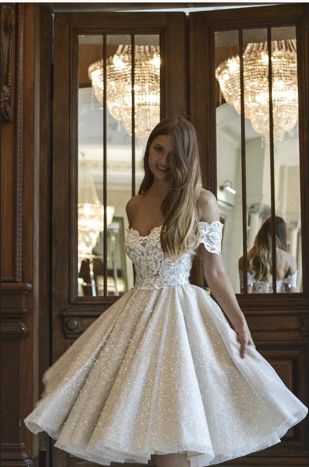 Beautiful Short A-line Glitter Off-the-Shoulder Lace Appliques Wedding Dress-showprettydress