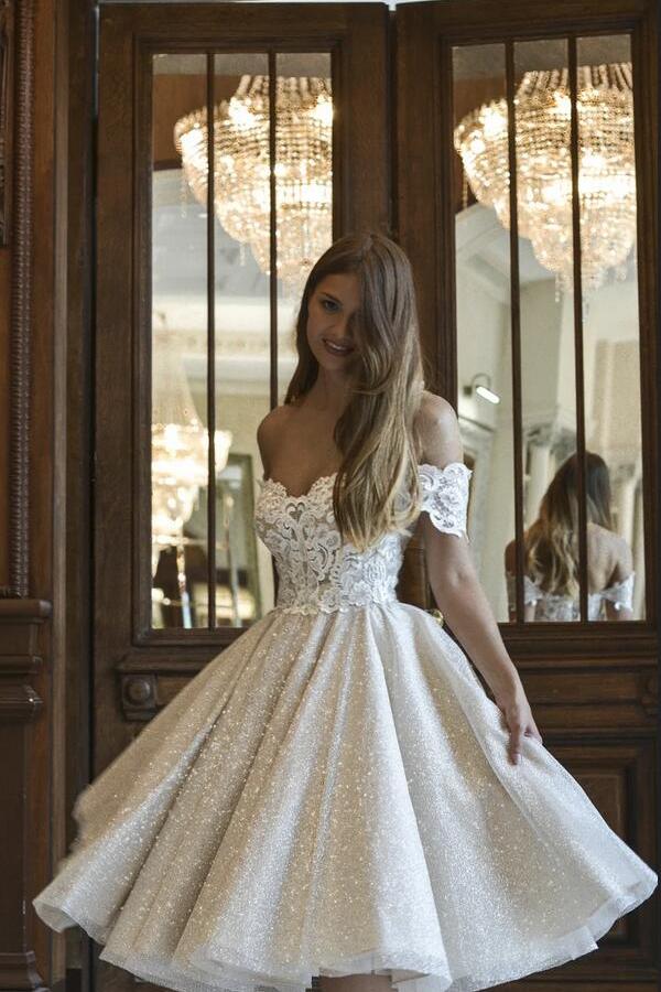 Beautiful Short A-line Glitter Off-the-Shoulder Lace Appliques Wedding Dress-showprettydress