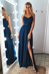 Beautiful Spaghetti-Straps Lace Appliques Prom Dress Long With Split-showprettydress