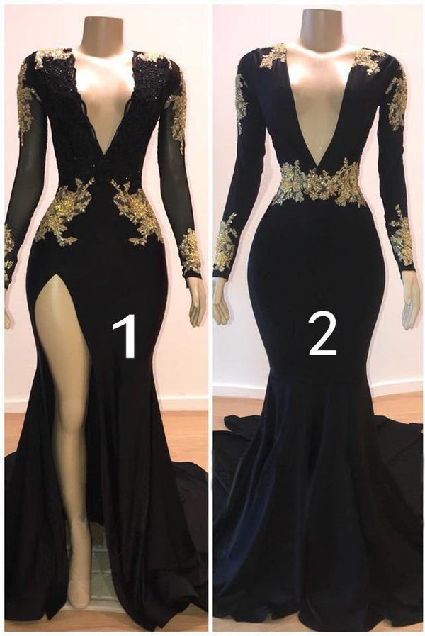Beautiful V-Neck Long Sleevess Appliques Mermaid Floor-Length Prom Dresses-showprettydress