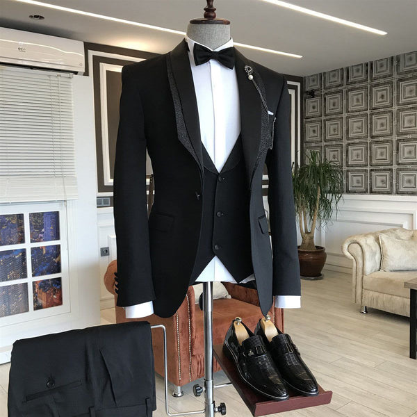 Bespoke 3-pieces Black Shawl Lapel One Button Wedding Tuxedos-showprettydress