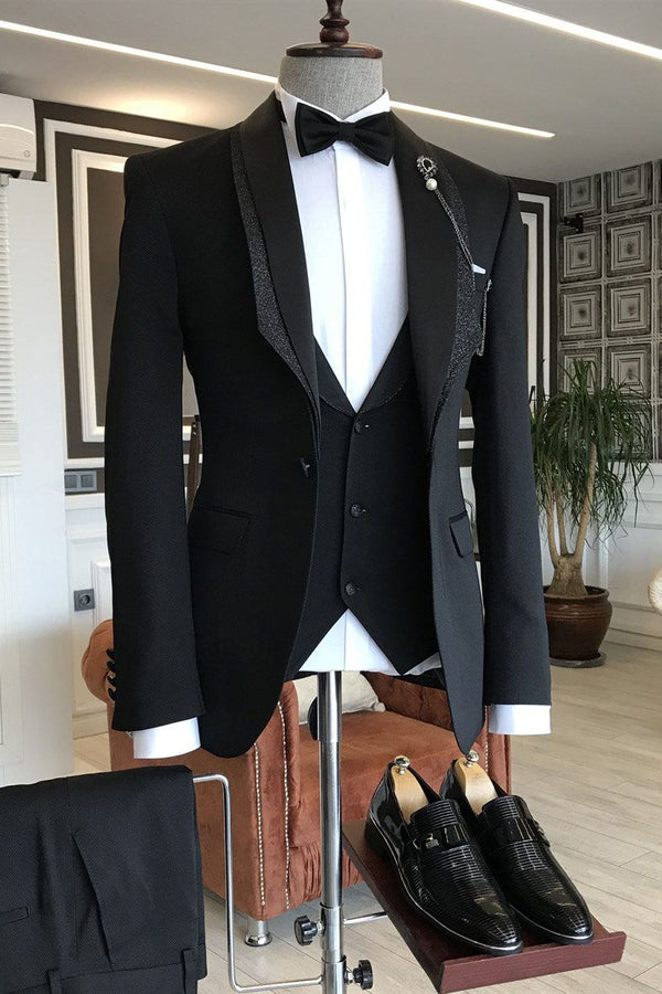 Bespoke 3-pieces Black Shawl Lapel One Button Wedding Tuxedos-showprettydress