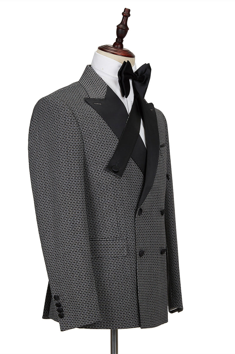 Bespoke Black-and-Gray Cruciform Satin Peak Lapel Double Breasted Men Formal Suit-showprettydress