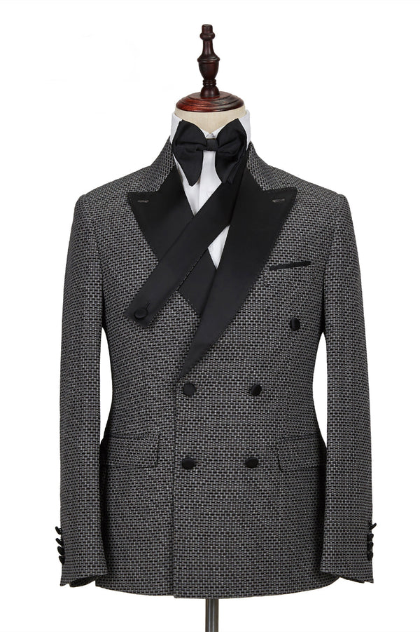 Bespoke Black-and-Gray Cruciform Satin Peak Lapel Double Breasted Men Formal Suit-showprettydress