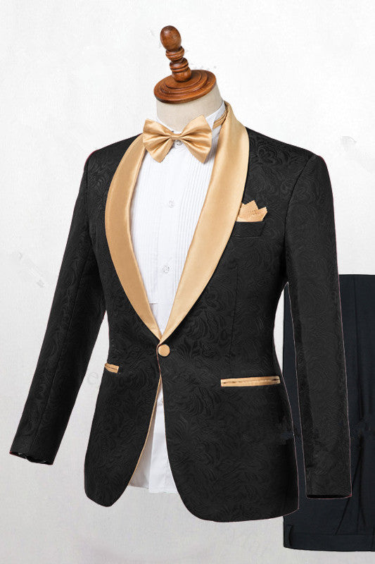 Bespoke Black One Button Wedding Men Suits with Gold Lapel-showprettydress
