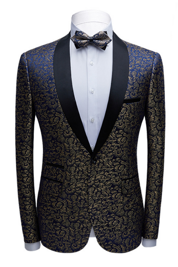 Bespoke Black Satin Shawl Lapel Wedding Tuxedos Gold Jacquard Blue Men Suits for Prom-showprettydress