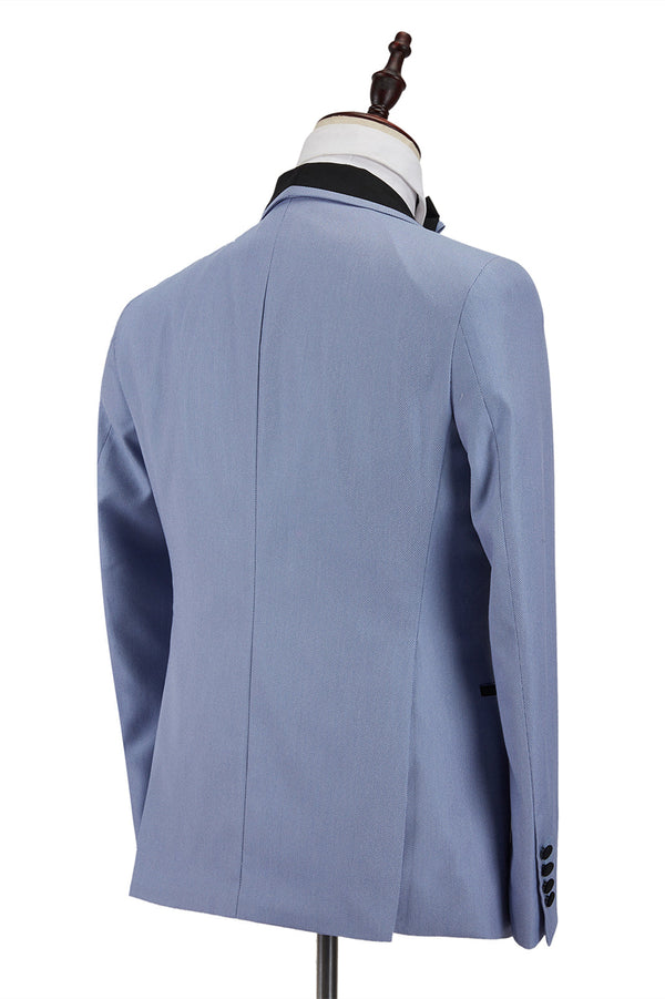 Sky Blue One Button Wedding Suit w/ Black Peaked Lapel