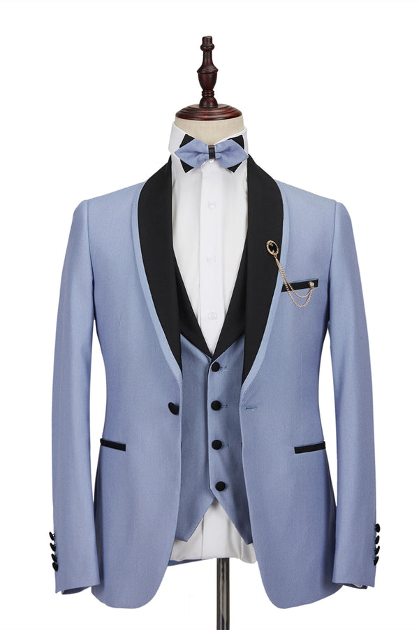 Bespoke Light Blue Stitching Black Shawl Lapel One Button Men Formal Suit for Wedding-showprettydress