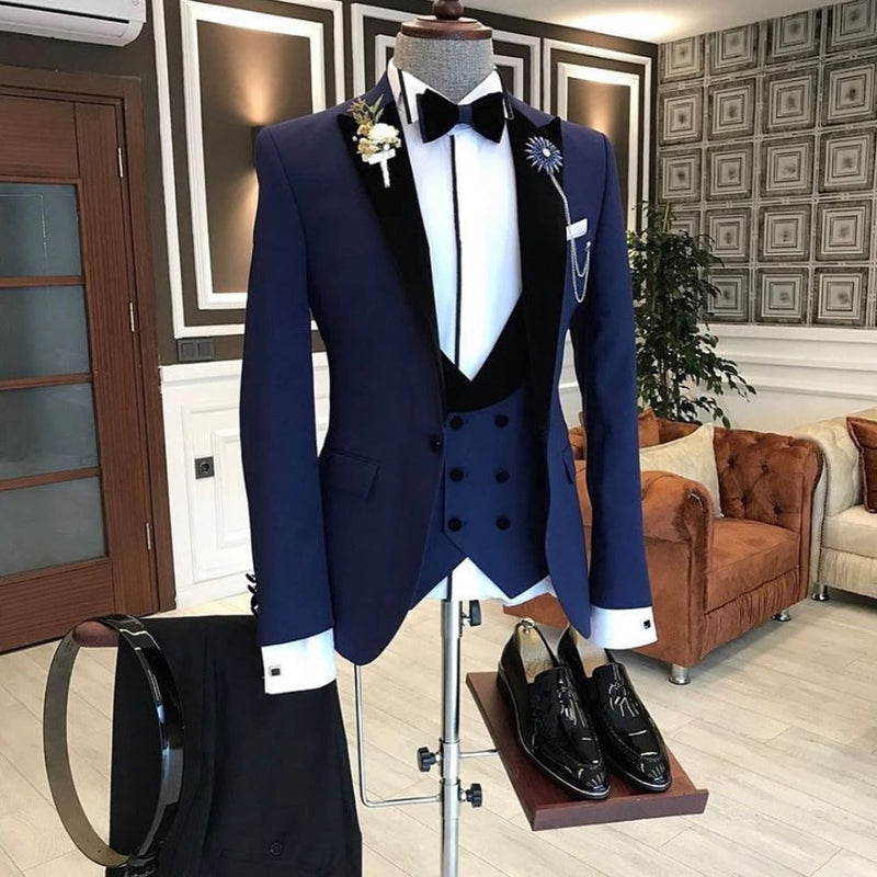 Bespoke Peaked Lapel Slim Fit Dark Navy Formal Business Men Suit-showprettydress