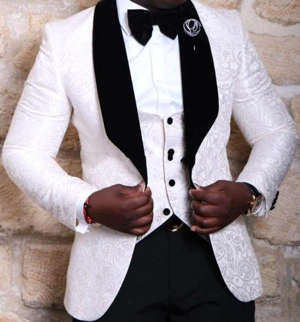 Bespoke White Wedding Groom Tuxedos Online Jacquard Three Pieces Men Suit-showprettydress