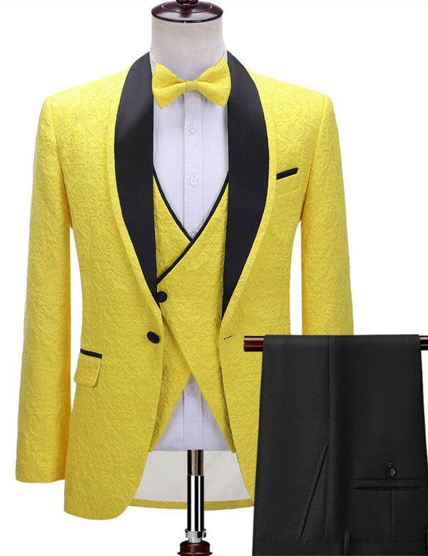 Bespoke Yellow One Button Three-piece Wedding Suit with Black Lapel-showprettydress