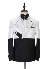 Black and White Jacquard Peaked Lapel Men Suits Online-showprettydress