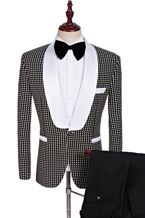 Black and White Shawl Lapel Wedding Suits Designer Dot Prom Tuxedo-showprettydress