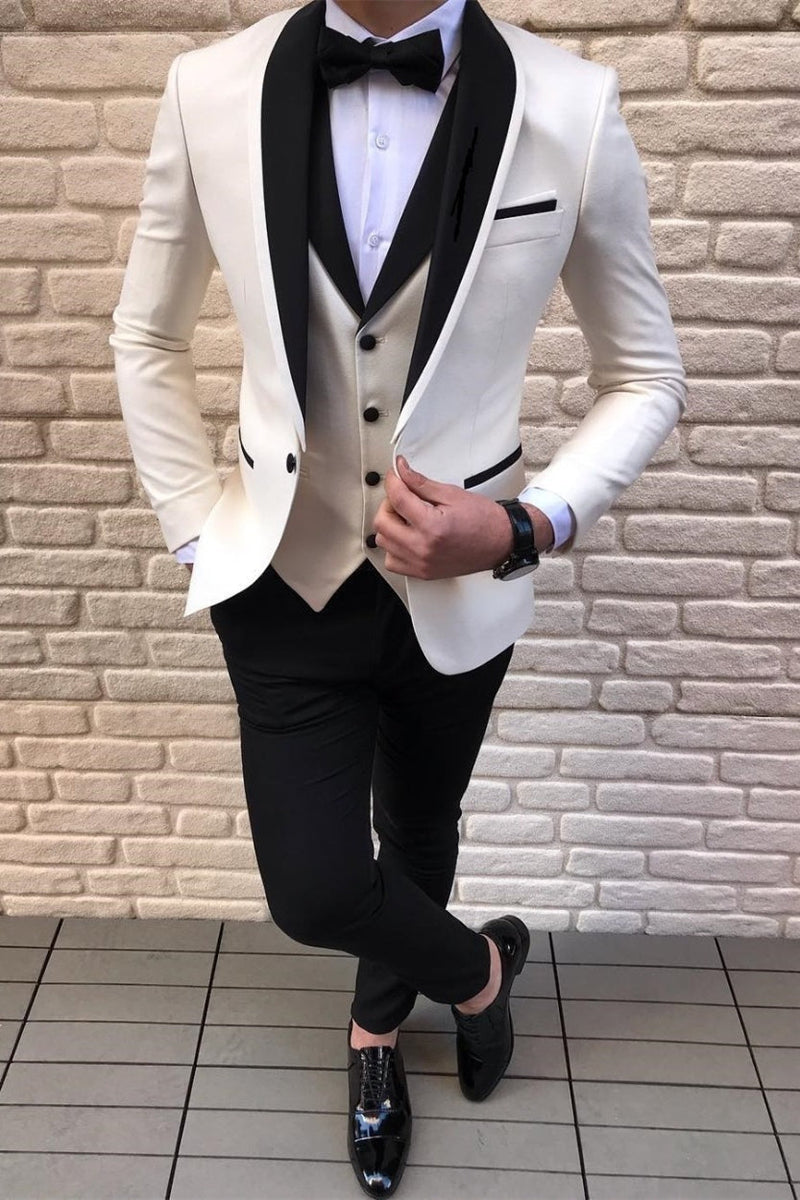 Black-and-white Shawl Lapel Wedding Suits Tuxedos with Waistcoat-showprettydress