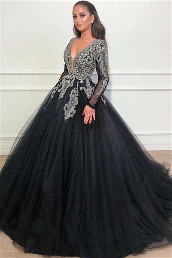 Black Ball Gown Deep V-Neck Long Sleevess Appliques Overskirt Evening Dresses-showprettydress