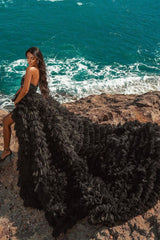 Black Beach Hi Lo Tulle Wedding Evening Gown Sleeveless lace-showprettydress