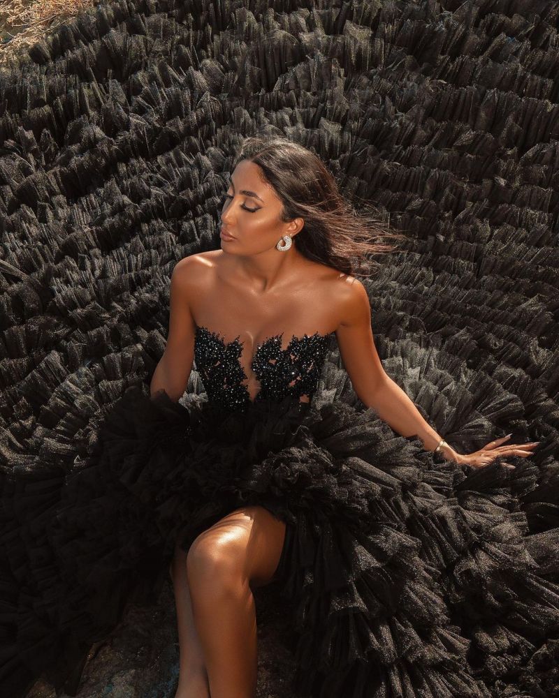 Black Beach Hi Lo Tulle Wedding Evening Gown Sleeveless lace-showprettydress
