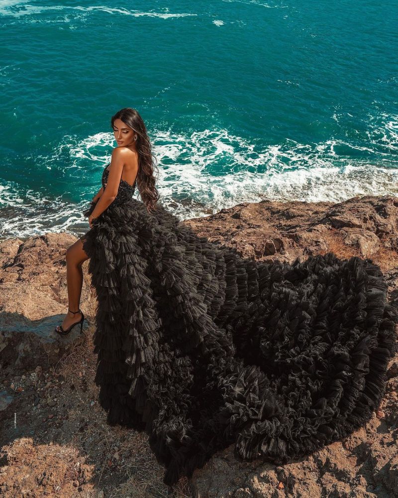 Black Beach Hi Lo Tulle Wedding Evening Gown Sleeveless lace-showprettydress