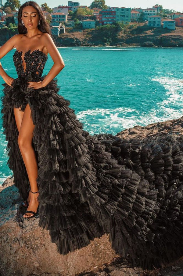 Black Beach Hi Lo Tulle Wedding Evening Gown Sleeveless lace-showprettydress