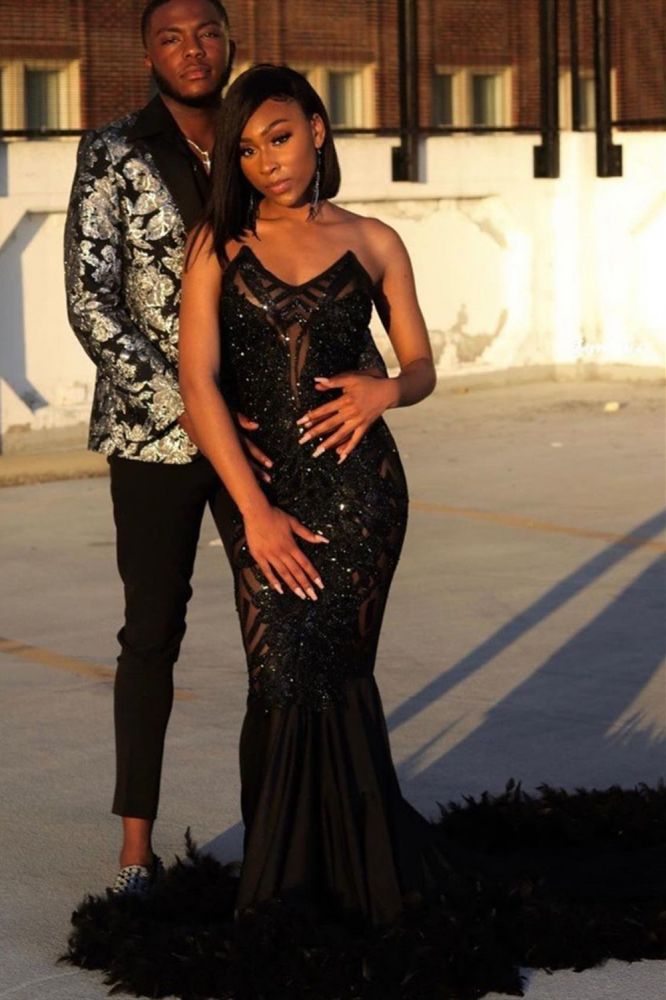 Black Chic Mermaid Prom Party GownsSweetheart Sequined Evening Dress-showprettydress