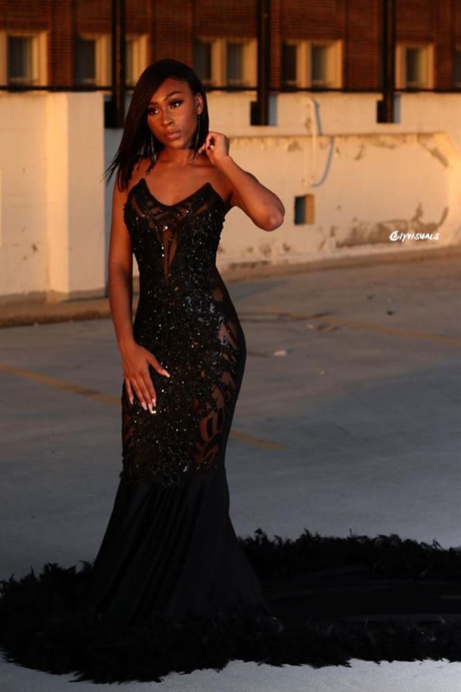 Black Chic Mermaid Prom Party GownsSweetheart Sequined Evening Dress-showprettydress