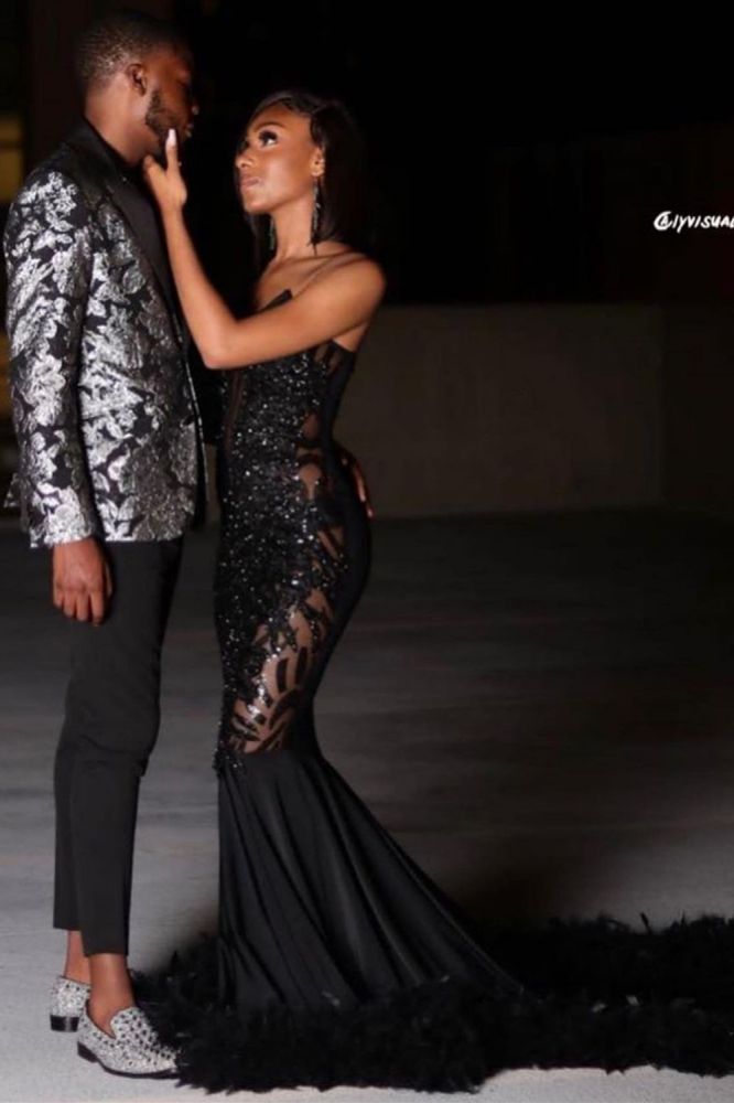 Black Chic Mermaid Prom Party GownsSweetheart Sequined Evening Dress-showprettydress