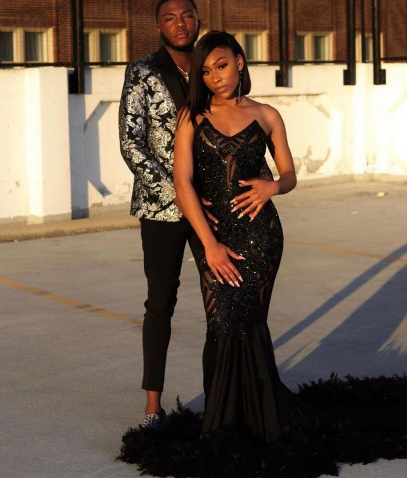 Black Chic Mermaid Prom Party GownsSweetheart Sequined Evening Dress-showprettydress