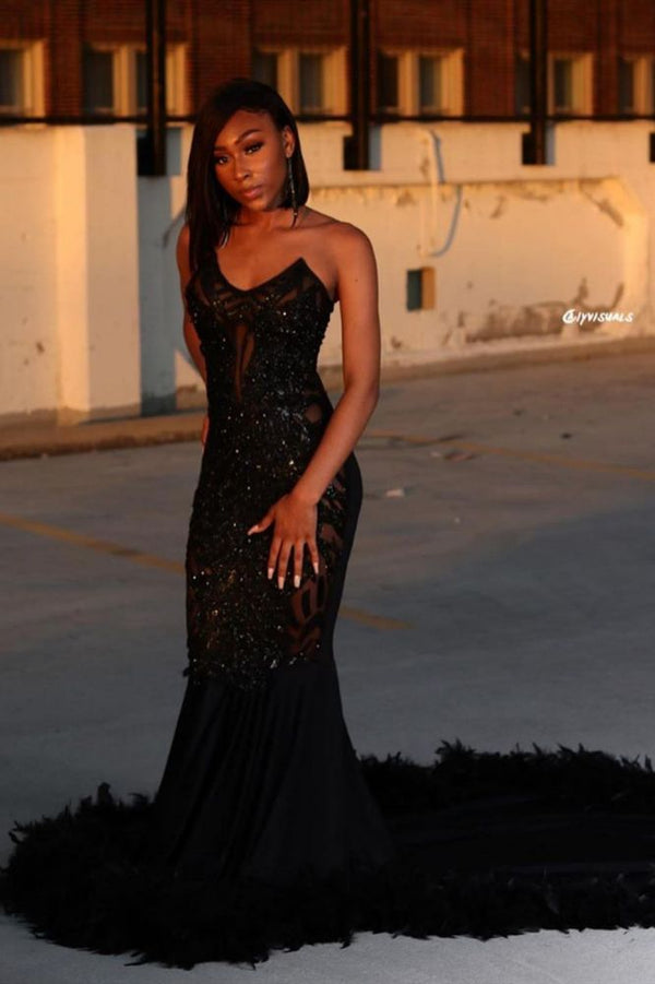 Black Chic Mermaid Prom Party GownsSweetheart Sequined Evening Dress-showprettydress