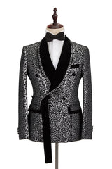 Black Classy Silver Leopard Jacquard Men's Suit Shawl Lapel Double Breasted Wedding Suit for Formal-showprettydress