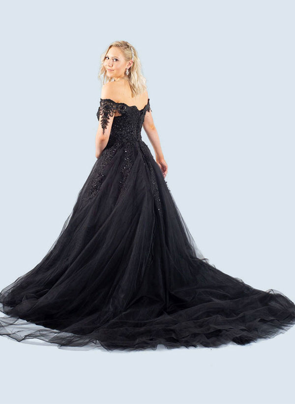 Black Gothic Ball-Gown Off-The-Shoulder Tulle Prom Dresses Featuring Appliques Lace-Showprettydress