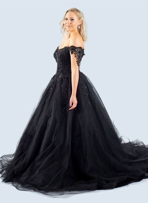 Black Gothic Ball-Gown Off-The-Shoulder Tulle Prom Dresses Featuring Appliques Lace-Showprettydress