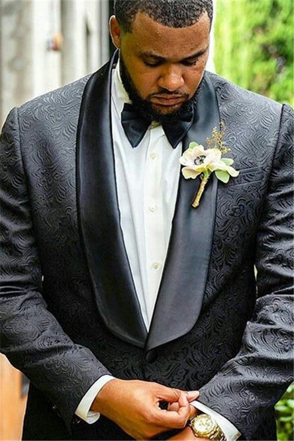 Black Jacquard Shawl Lapel Wedding Men Suits-showprettydress
