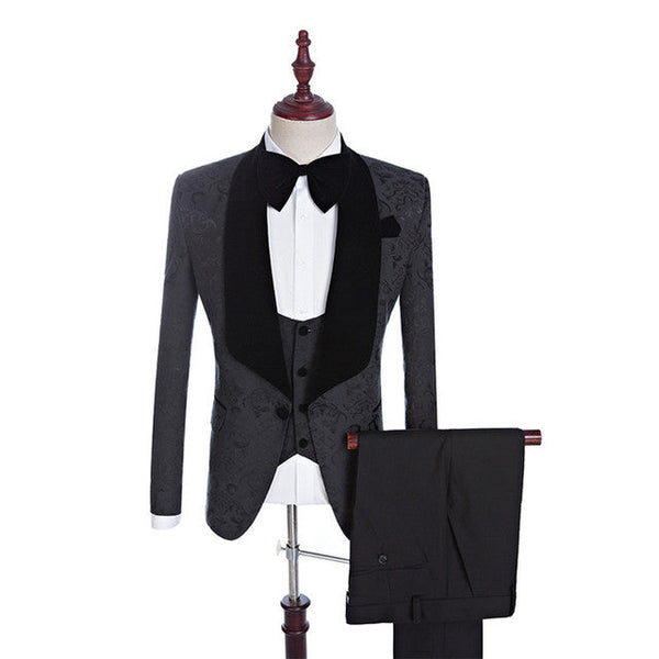 Black Jacquard Three-pieces Shawl Lapel Wedding Suits for Men-showprettydress