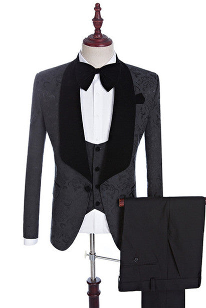 Black Jacquard Three-pieces Shawl Lapel Wedding Suits for Men-showprettydress